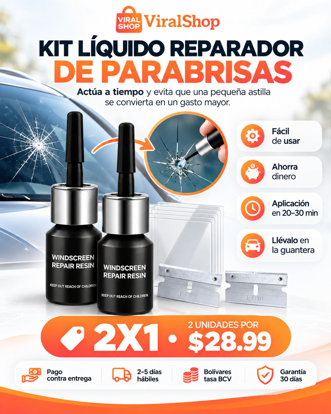 Kit Liquido Reparador de Parabrisas